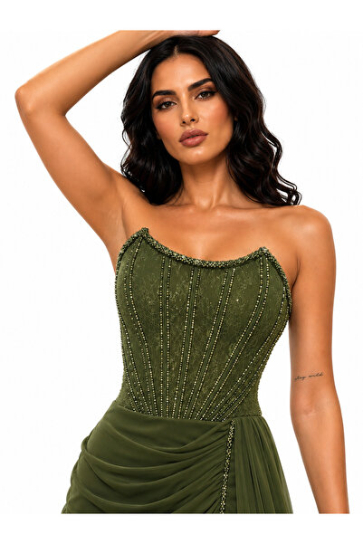 Lovely Dress Straplez Balenli Yırtmaç Detaylı Abiye Elbise