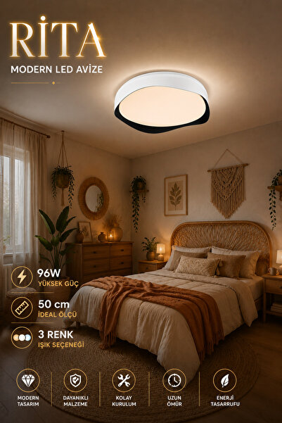 Elvora Home Modern (PREMİUM) Plafonyer 3 Renkli Şık LEDli Tavana Yapışık Sıfı...