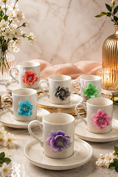 YzHome 6 Kişilik Beyaz Porselen Renkli Lotus Lüks Kahve Fincan Takımı Seti 100ml