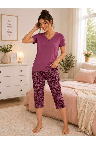 Manolya Kadın Leopar Desenli Pijama Takımı Pembe Dantel Detaylı Uzun Paça Ev ...