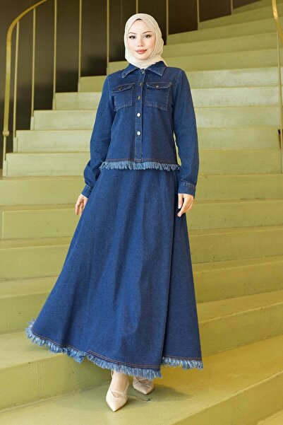 Missvalle Tassel Detailed Skirted Denim Suit Dark Blue 19292