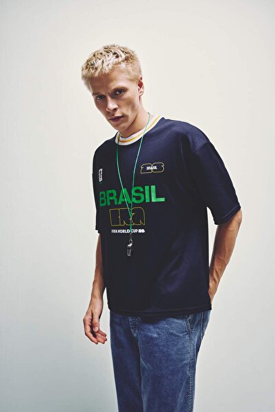 DeFacto World Cup Boxy Fit Brazil Printed Short Sleeve Navy Blue T-Shirt I028...