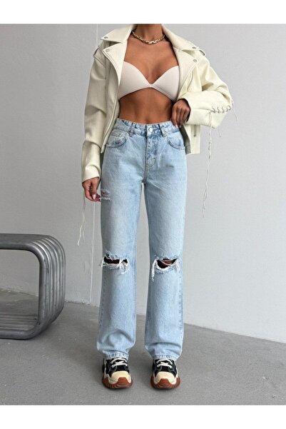 HerTon Women's High Waist Wide Leg Jean Pants with Ripped Detailing on the Fr...