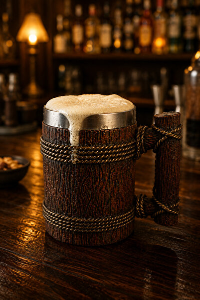MINDA Viking Tarzı Ahşap Görünümlü Bira Kupası Paslanmaz Çelik İç Hazneli Kup...