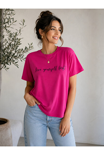 DİVİSTA Tricou basic cu mânecă scurtă, fucsia, cu guler rotund
