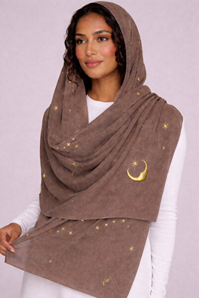 Veil Designer طرحه ليالي طTaupe Brown طبقتين بتطريز علي كامل الطرحه نجوم و هل...