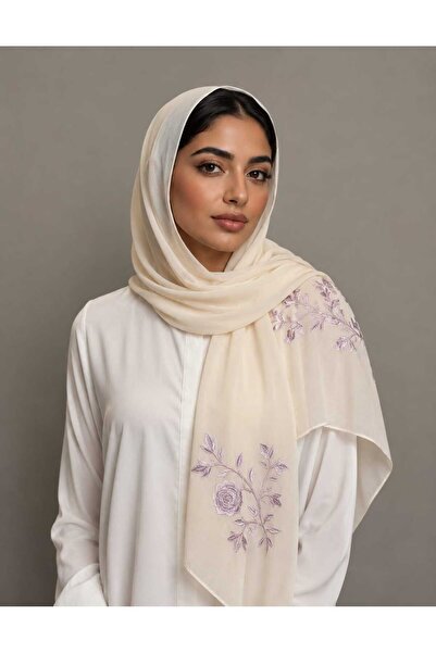 Veil Designer طرحه بوال اوف وايت طبقتين بتطريز علي الطرفين اغصان الورد بالوان...