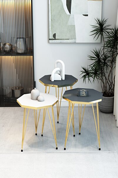 BARIN DESIGN 3'lü Sekizgen Zigon Sehpa Seti - Gold Metal Ayaklı, Modern & Şık...