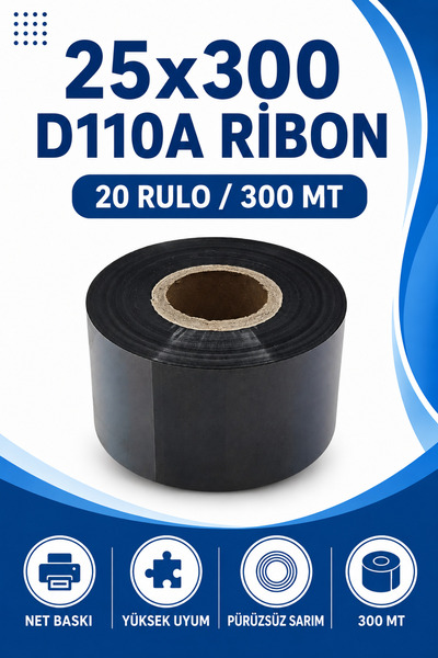 Küresel Etiket Barkod 25X300Mm D110A Ribbon |   20 Rolls |   300m |   Durable...