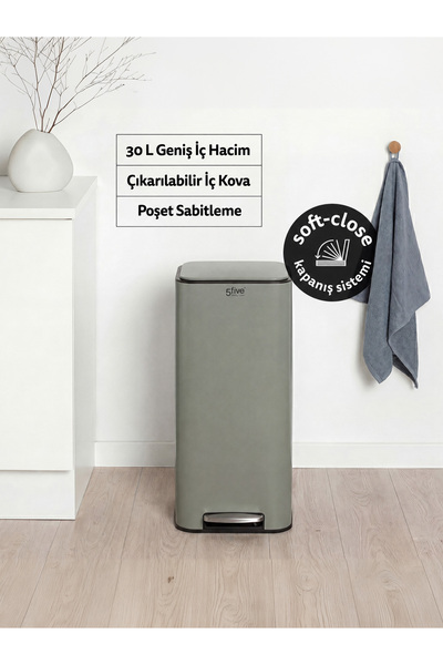5FIVE Delta Kare Metal Pedallı Çöp Kovası 30 L – Sessiz Kapanma, Metal Gövde,...