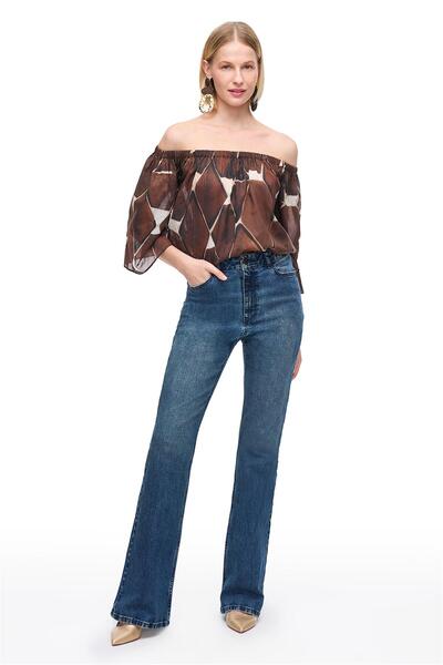 Perspective Kahverengi Ledas Regular Fit Geometrik Bluz