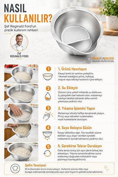 Transformacion Inox Pirinç Süzgeci Profesyonel Pirinç Yıkama Süzgeci - 304 Paslanmaz Çelik Çok Amaçlı Salata & Makarna Süzme ve Karıştırma Kabı 721080