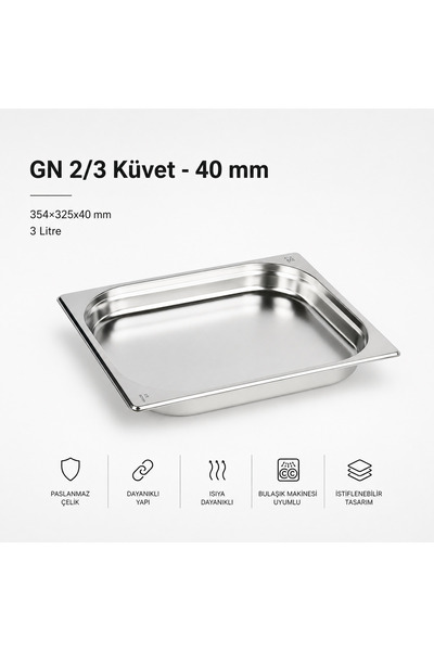 Natsan Paslanmaz Çelik Gastronom/gastronorm Küvet Gn 2/3-40 (35,4 X 32,5 X 4 CM)