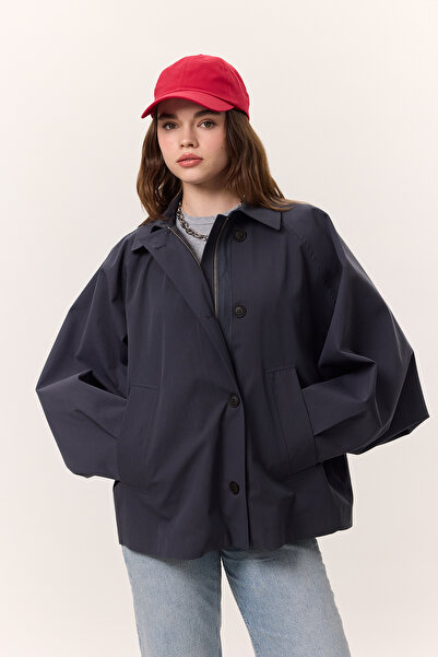 Manuka Cape Sleeve Short Trench Coat Navy Blue