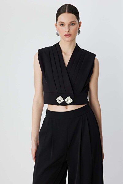 Generic Brand Bluză crop drapată cu accesorii din piatră