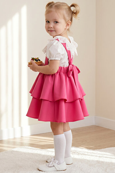 Parla Kids Kız Çocuk Helen Pembe Askılı Bağlama Jile 29 Ekim Elbise Ekru Dant...