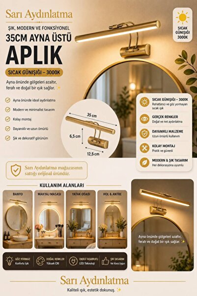 Sarı Aydınlatma 35cm Eskitme Kasa LED Tablo Ve Ayna Üstü Aplik Günışığı Moder...