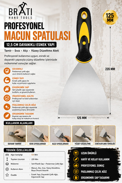 BRATİ HAND TOOLS Profesyonel Macun Spatulası 12,5 Cm Dayanıklı Esnek Yapı Tam...