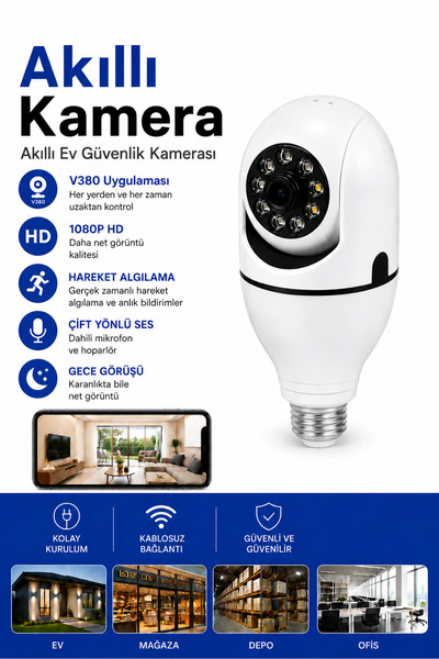 Marka Güvenlik Kamerası 360 Derece Dönebilen Ampül Kamera WİFİ