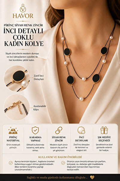 havor Pirinç Zincirli İnci Detaylı Kadın Kolye
