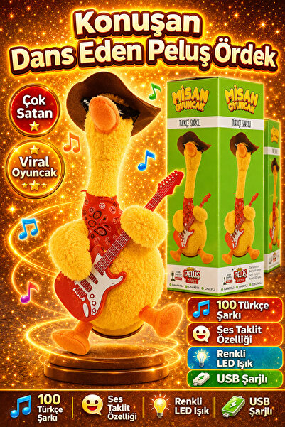 misan Türkçe Müzikli Dans Eden Taklitçi Peluş Oyuncak Ördek Sarı Şapkalı Gitarlı