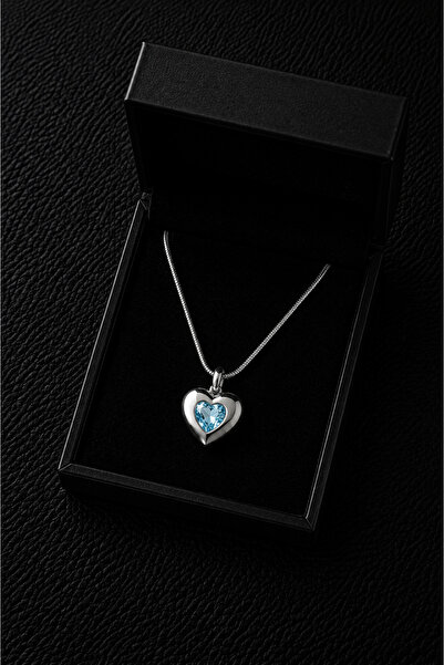 CAXBERN Zircon Stone Blue Heart Steel Snake Chain Necklace