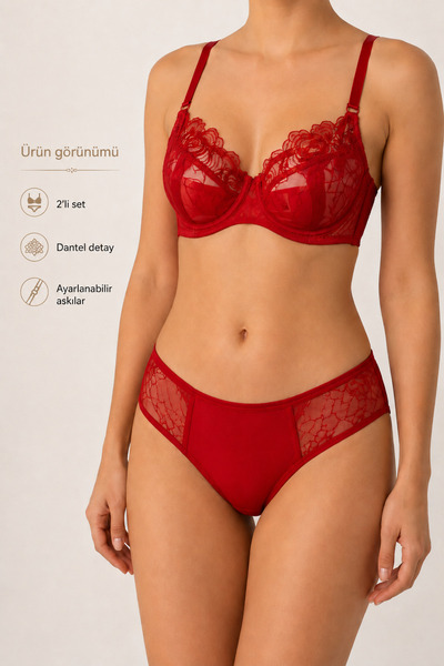 White Lady Güpürlü Dantelli Kırmızı Desenli Bralet Takım