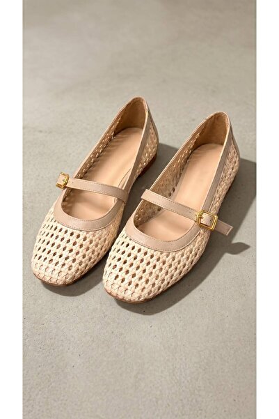 Beyond Women's Beige Knitted Patterned Strappy Buckle Ballerinas 1cm Byndrsl2611