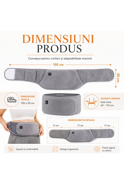 Omaly Centura Încălzită Electric USB pentru Abdomen și Zona Lombară - 3 Trepte Temperatură 35/45/55°C, 105x20 cm, Talie 60-110 cm - Pluș Moale, Închidere Velcro, Lavabilă, Buzunare pentru Mâini