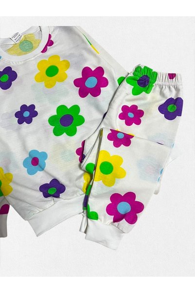 Fil Kids Girls' Cotton Fabric White Color Flowers Pattern Long Sleeve Winter Pajamas Set