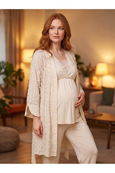 Lohusa Homewear New Season Ecru Woven Summer Nursing-Specific Special Design ...