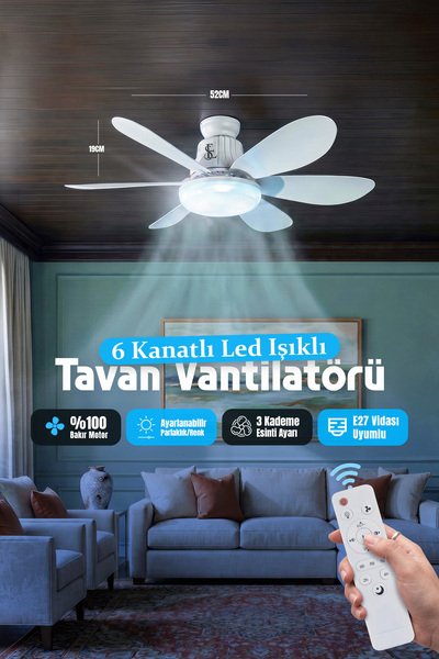 EN SİGA LED Işıklı Uzaktan Kumandalı 52 CM 6 Yapraklı Tavan Vantilatörü Krist...