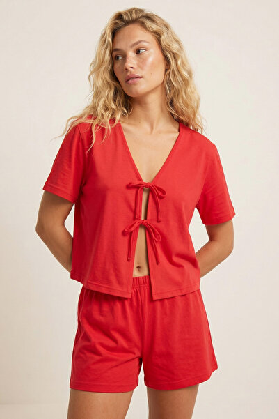Siyah İnci Red Tied Knitted Shorts Set7888
