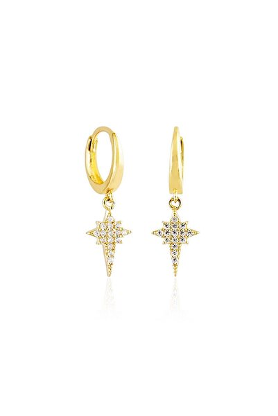 Sembol Gold Kutupyıldızı Altın Sallantılı Küpe 14K Gold Taşlı