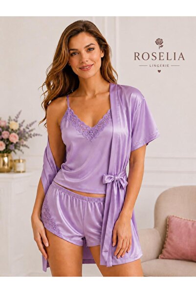 roselia Kadın Saten Üçlü Sabahlık Pijama takımı