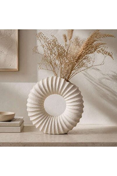 PAN HOME Rae Ceramic Ribbed Donut Vase 24.3x9x23cm - White