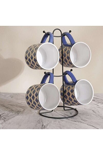 PAN HOME Harlan 4-piece Stoneware Mug With Mug Tree 260ml -blue & White