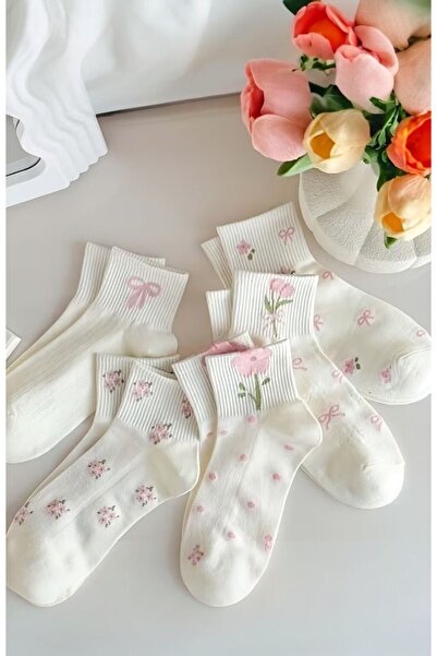 Hitit Socks Kadın 5 Çift Premium Karışık Çiçek Desenli Kısa Patik Çorap Bilek...