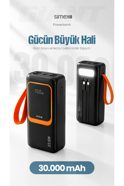 Simex 30.000 mAh 22.5W Hızlı Şarj Kablolu PD Powerbank Led Fener ve Dijital G...