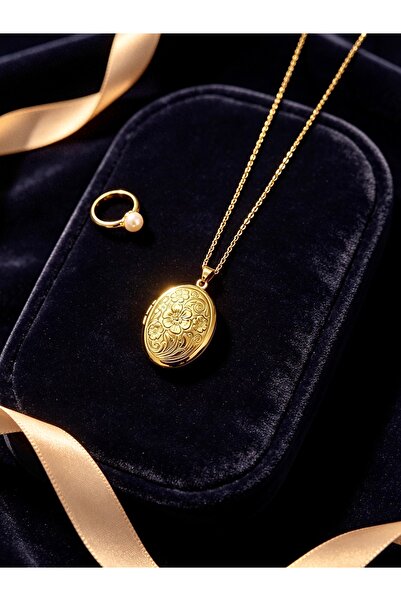 Fotoğraf Yerleştirilebilir Çiçek Detaylı Gold Çelik Kolye