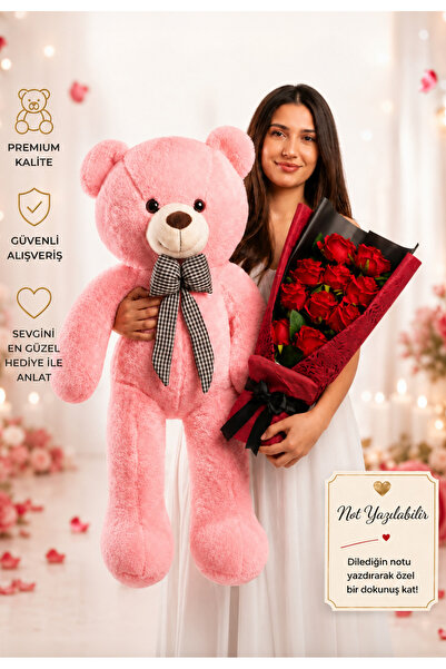 lenostra Sevgiliye Romantik Hediye 90cm Pembe Ayıcık Ve Kadife Gül Buketi - C...