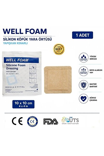 WELLFOAM Silikon Köpük Yara Örtüsü 10x10 cm Steril Kendinden Yapışkanlı Pansu...