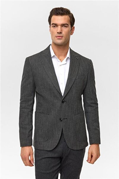 SÜVARİ Siyah Slim Desenli Mono Yaka 6 Drop Ceket