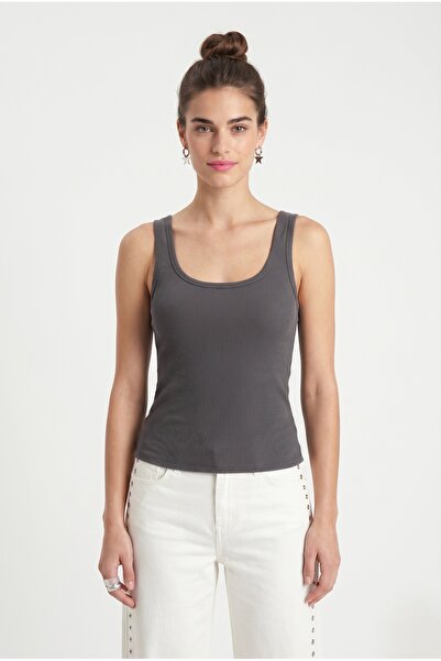 Ritnice Kadın Cotton Premium Doku Antrasit Pamuklu Basic Fitilli Atlet