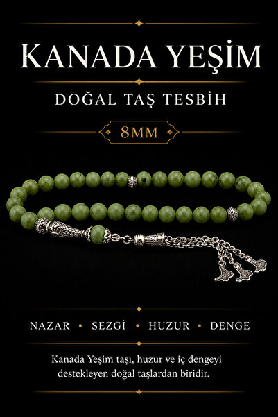 OSMANLI DEĞERLİ TAŞ Sertifikalı Kanada Yeşim Doğal Taş Tesbih 8mm