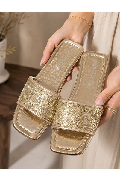 PLN SHOES نعال مقوّاة للقدمين مع تفاصيل لامعة وكعب مسطح للنساء، شباشب للسهرات