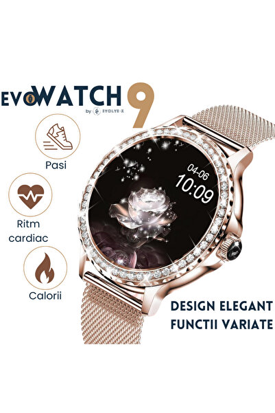Evolve-x ®   Smartwatch EvoWatch 9 pentru femei cu apeluri și mesaje Bluetooth, monitorizare sănătate și asistent vocal, 2 brățări incluse