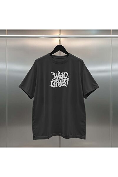buzagi tasarım ürünleri Who Cares Digital Printed Oversize Black T-Shirt