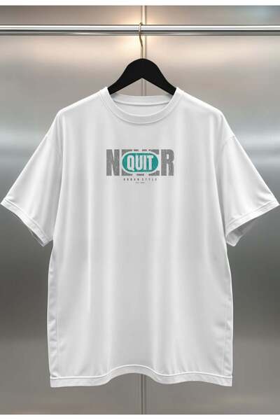 buzagi tasarım ürünleri Never Quit Digital Print Oversize White Unisex T-Shirt