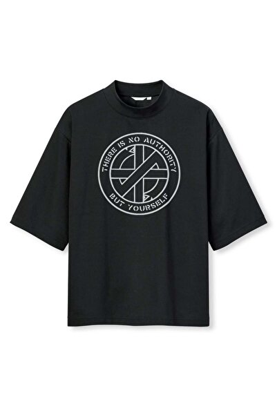 buzagi tasarım ürünleri Crass Digital Print Oversize Black Unisex T-Shirt